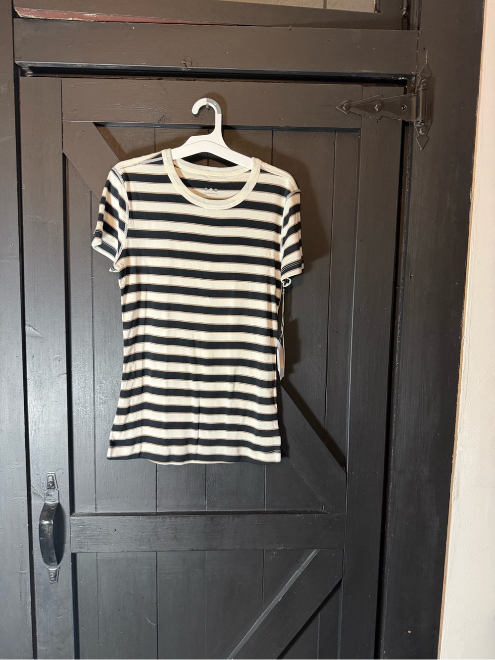 Three Dots Black and White Striped Short Sleeve Tee